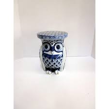 Blue White Ceramic Owl Garden Stool