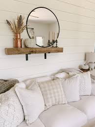 reclaimed beam shelf above couch