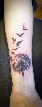 tatouage femme grande fleur de pissenlit et oiseaux interieur avant bras -  Tatouage femme