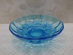 Vintage Blue Glass Bowl Pedestal Blue