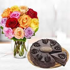 chocolate mousse cake and mixed roses