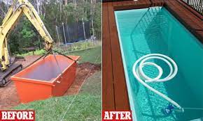 Plunge pools can add a water feature to your backyard while still leaving room for grass to play on and trees to shade your yard. Dad Builds Backyard Pools Out Of Fibreglass Skip Bin Daily Mail Online