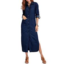 Denim Blue Long Sleeve Buttons Long Dresses For Women
