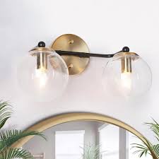 Zevni 14 5 In 2 Light Polished Brass Modern Bathroom Vanity Light Diy Globe Seeded Glass Bath Lighting Black Wall Sconce