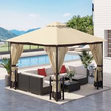 Outsunny 13 X 11 Patio Gazebo Canopy Garden Tent Sun Shade Outdoor Shelter With 2 Tier Roof Netting And Curtains Steel Frame For Garden Beige