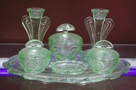 7 Pc Green Depression Glass Trinket Set