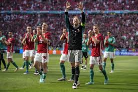 Hungary's peter gulacsi celebrates at the final whistle as france's raphael varane and corentin tolisso look full time: 0r Rsrrkedkflm