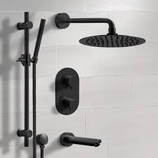 12 inch square rain shower head（304 stainless steel）, handheld shower head（brass）, 15.7 salt spray test, it can easily face the surface corrosion by humid environment in the shower room; Remer Tsr36 By Nameek S Galiano Matte Black Thermostatic Tub And Shower Faucet Set With Rain Shower Head And Hand Shower Thebathoutlet