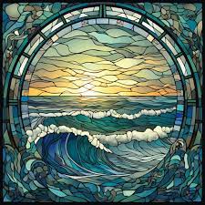 Ocean Waves At Sunrise Stained Glass