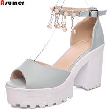 Us 27 04 48 Off Asumer White Pink Light Blue Fashion Summer New 2020 High Heels Shoes Peep Toe Buckle Platform Square Heel Casual Women Sandals In