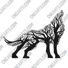wolf with tree vector design file dxf