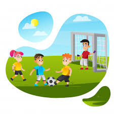 Cartoon Children Play Football On Grass Field Vector
