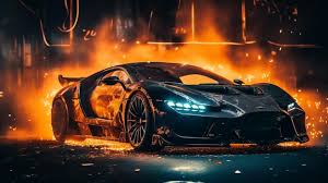 a black bugatti veyron with a fire in