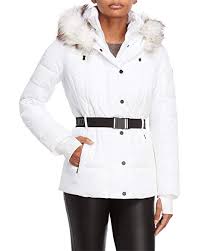 Michael Michael Kors Womens Logo Belted Hood Faux Fur Trim Puffer Coat Short Jacket Lightweight White
