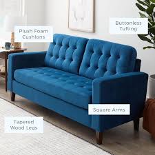 Brookside Brynn 76 In Navy Velvet Upholstered 3 Seat Square Arm Sofa With Removable Cushions And Onless Tufting Blue