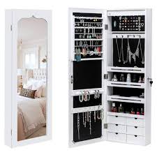 Outo White Whole Mirror 6 Drawers Wooden Wall Hanging Jewelry Armoire Storage Cabinet Led 43 In H X 14 In W X 5 In D