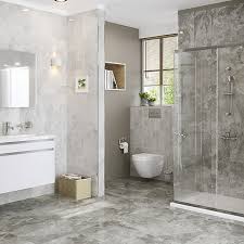 Inspiration for a bathroom gray with floating vanities, marble countertops, gray wall tiles, concrete floor, and concrete bathtub. Harmony Grey Gloss Marble Effect Ceramic Wall Tile Pack Of 8 L 500mm W 250mm Diy At B Q