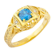 Details About 14kt Gold Swiss Blue Topaz Diamond Round Design Ring