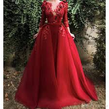 Red Prom Dresses Long Sleeve Lace Appliques Hand Made Flowers Long Sleeve Detachable Train Red Evening Dresses Gowns