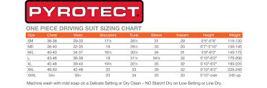 Pyrotect Race Suit Size Chart