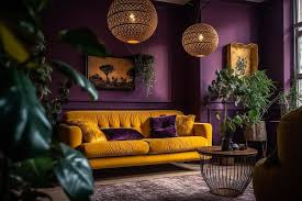 a living room with a yellow sofa and a