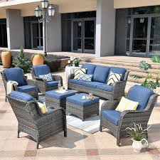 Xizzi Erie Lake Gray 7 Piece Wicker Outdoor Patio Conversation Seating Sofa Set With Denim Blue Cushions Zgntc307db