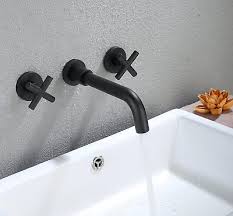 Double Handle Wall Mounted Bathroom Faucet With Swivel Spout In Matte Black