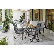 Wyndover Black 7 Piece Aluminum Oval Glass Top Padded Sling Outdoor Dining Set
