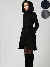 Black Winter Hooded Wool Coat Women