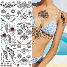 Faux tatouages temporaires pour femmes, pendentif henné, autocollant sur  poitrine, sous poitrine, fille, papillon, Rose, fleur, réaliste | AliExpress