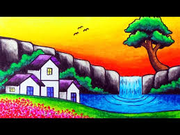 easy waterfall sunset scenery drawing