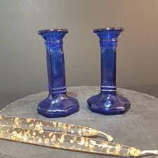 Cobalt Blue Glass Candle Holders Blue