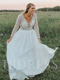 V Neck Long Sleeves Lace Plus Size Wedding Dress