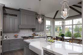 farmhouse kitchen with gray cabinets