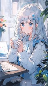 cute happy anime using laptop