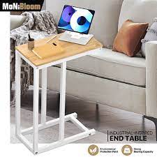 Monibloom Sofa Side Table Tv Tray C Shape Rectangle Couch Coffee End Table Laptop Desk For Home Office Light Walnut Brown
