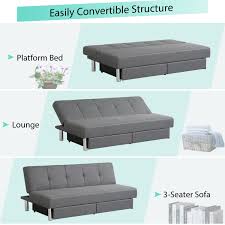 convertible futon sofa bed adjule couch sleeper with two drawers grey