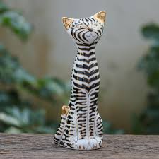 White Cat Statuette Zebra Cat Novica