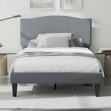 Vecelo Upholstered Bed Gray Metal Frame Twin Platform Bed With Upholstered Headboard Strong Bed Frame And Wooden Slats Support Gary
