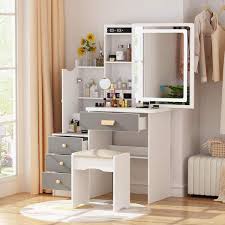 fufu a 4 drawers wood makeup vanity sets dressing table sets in white with stool mirror led light and storage shelves