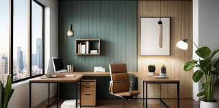 l shape office table design with decor