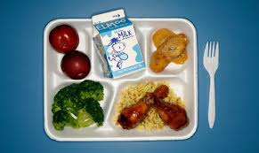 Image of school lunch tray containing 2 apples, milk carton, broccoli, chicken and rice, and a fork