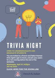 We send trivia questions and personality tests every week to your inbox. French And Italian Trivia Night French Studies Department Of French And Italian Studies University Of Arizona