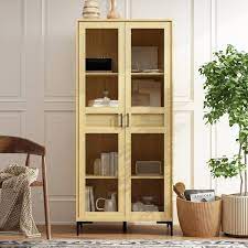 Fufu Gaga 70 9 In Tall Yellow Wooden Grain 4 Shelves Standard Bookcase With 2 Drawers And Glass Doors