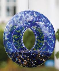 blue speckled swirl glass bird feeder