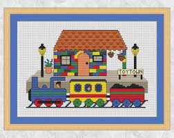 Toy Train Cross Stitch Pattern Station Bricks Engine