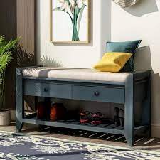 blue storage bench with cushioned seat