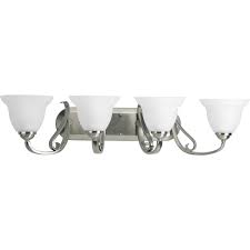 Progress Lighting P2884 09 Brushed Nickel Torino Four Light Bathroom Fixture With Tea Stained Or Etched White Glass Shades Lightingdirect Com