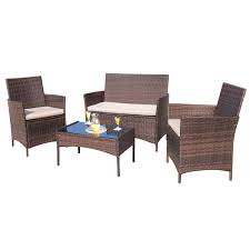 Tozey Brown 4 Pieces Wicker Outdoor Patio Furniture Sets Rattan Chair Wicker Set With Beige Cushion