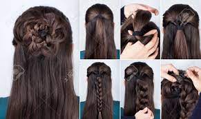 In fact, the search for examples of hair types is closely related to the visual appearance to be imitated and applied to the hair. Hairstyle Braided Rose Tutorial Step By Step Hairstyle For Stock Photo Picture And Royalty Free Image Image 66659094